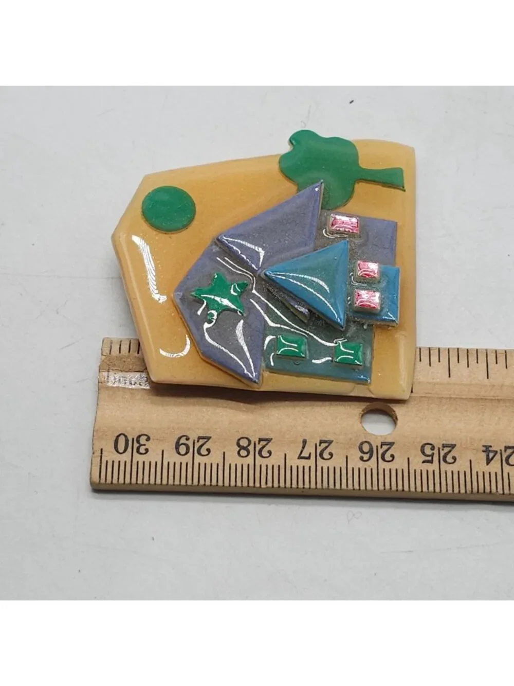 Handmade Lucinda House Pin Brooch Colorful 3D Design Tree & Star